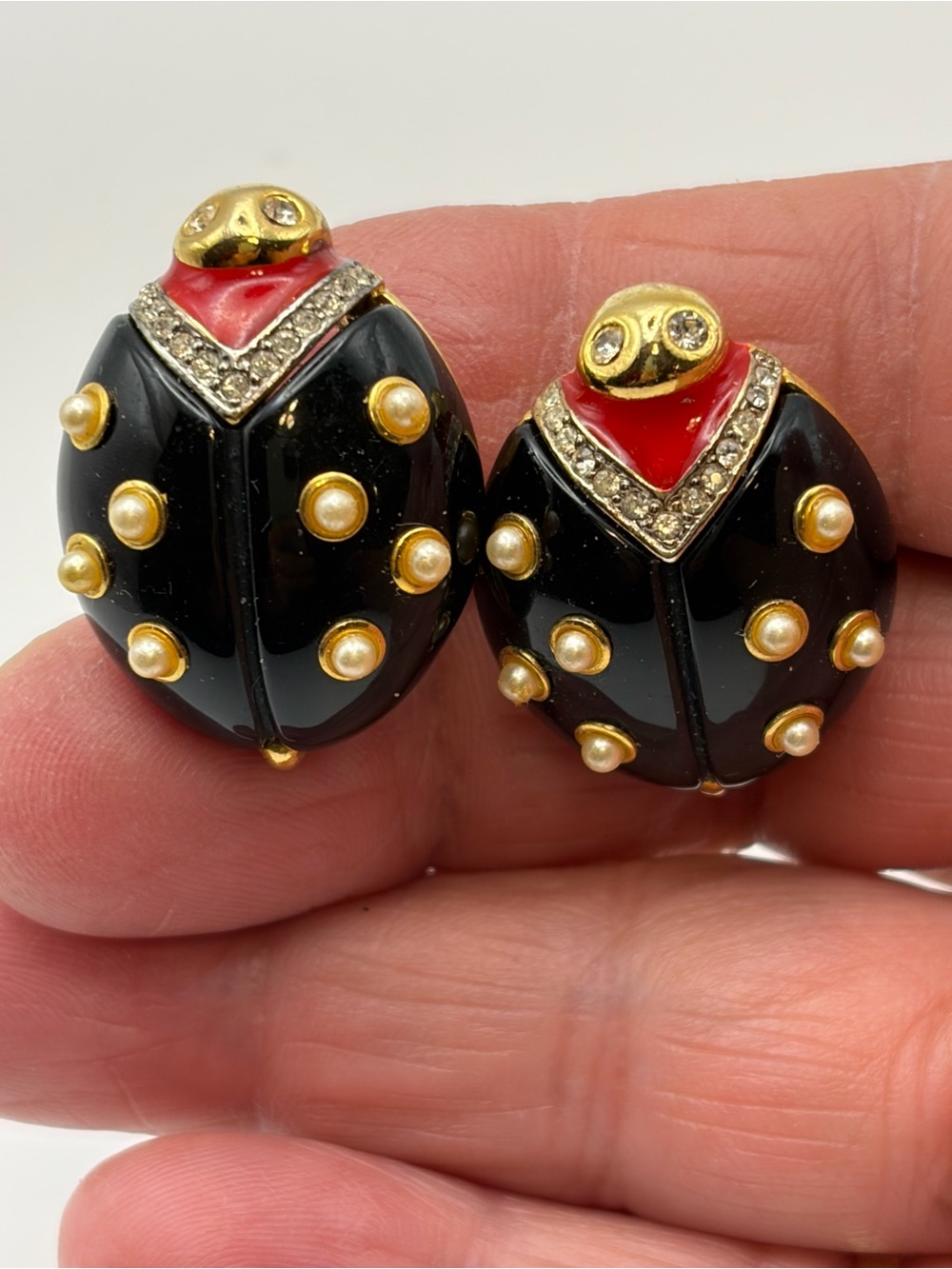 Vintage Kenneth Jay Lane KJL ladybug clip earrings black enamel faux pearl